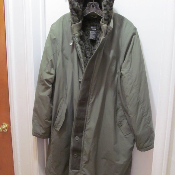 Dennis Basso Green Full Length Hooded Coat ~ Animal Print Lining ~ Size 1X - Picture 11 of 16
